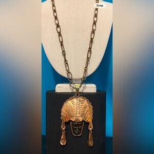 Mexican copper & carved stone necklace 26”
chain mayan headdress indian vintage